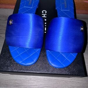 CHANEL Royal Blue Satin Quilted Slide Sandals